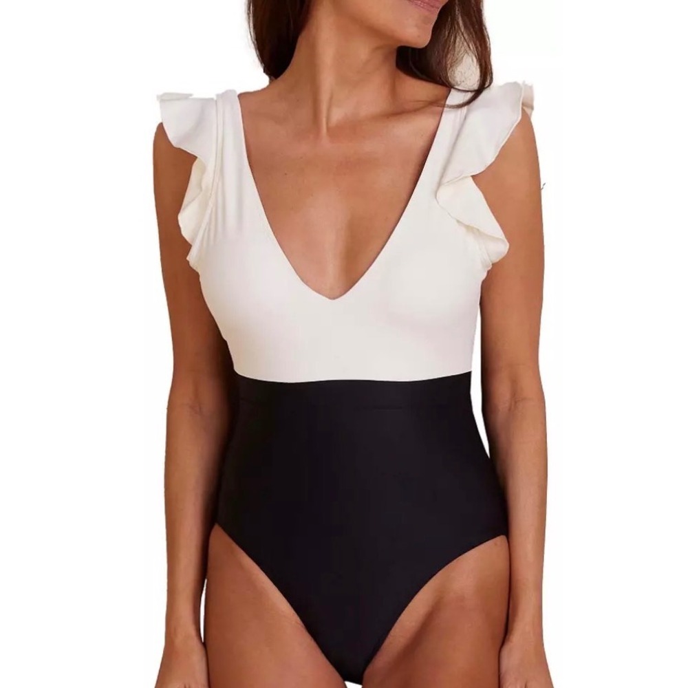Summersalt The Ruffle Backflip One Piece Swimsuit White Black Colorblock Size 14